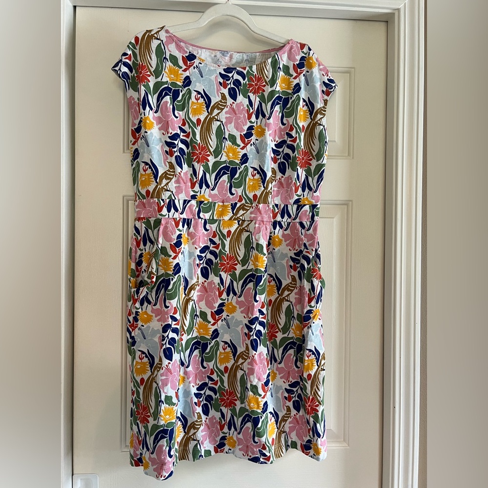 Boden Florrie Tropical Bird  Floral Print Dress in Pink, Yellow, Green & Navy